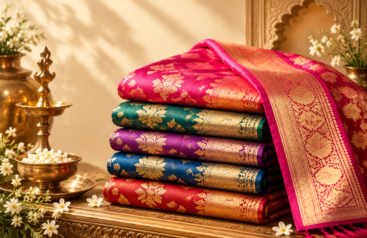 Folded colourful Banarasi silk sarees