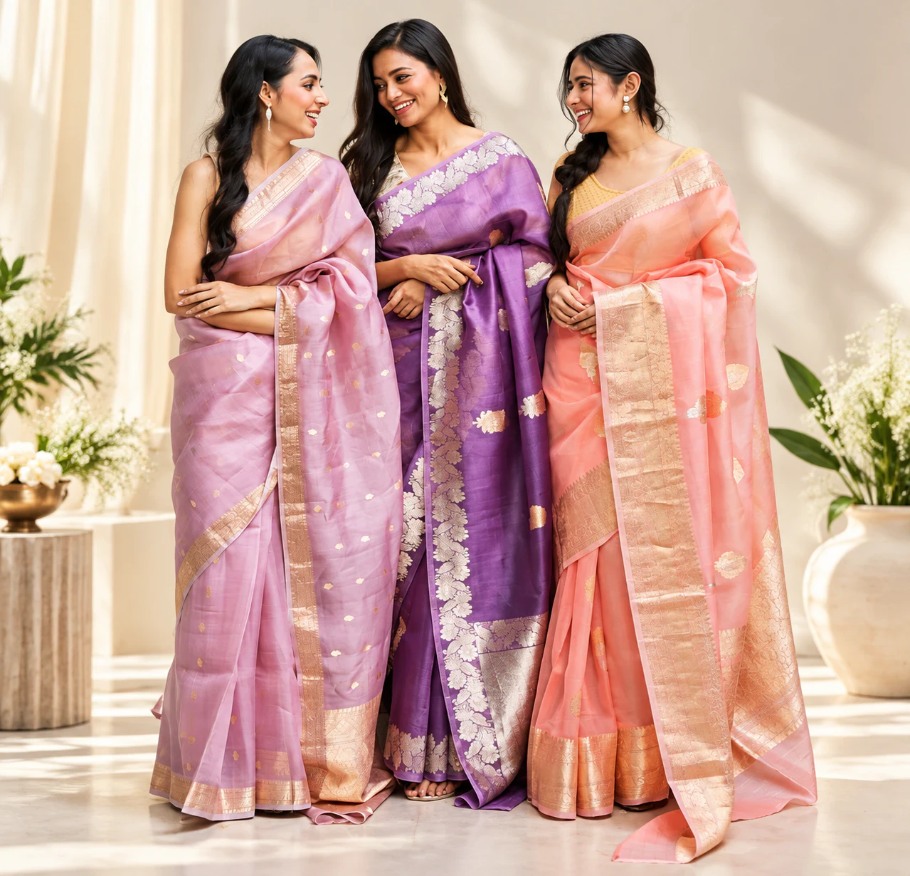 Woman wearing traditional red Banarasi silk saree