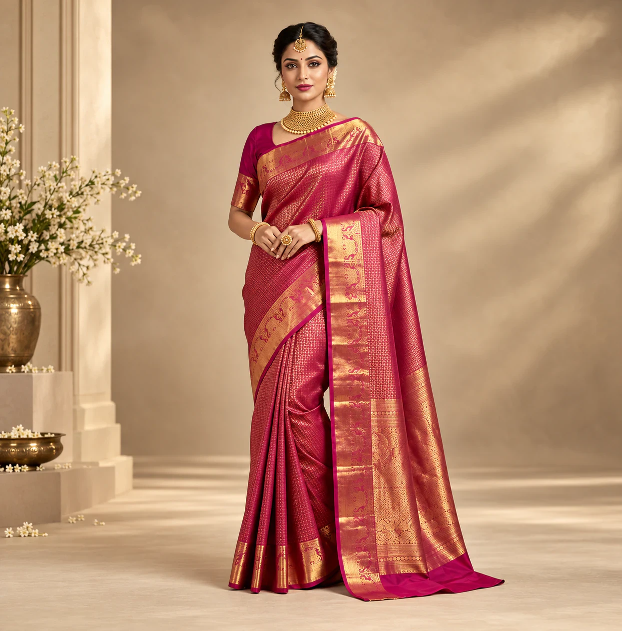 Woman wearing traditional siruvanthadu silk saree
