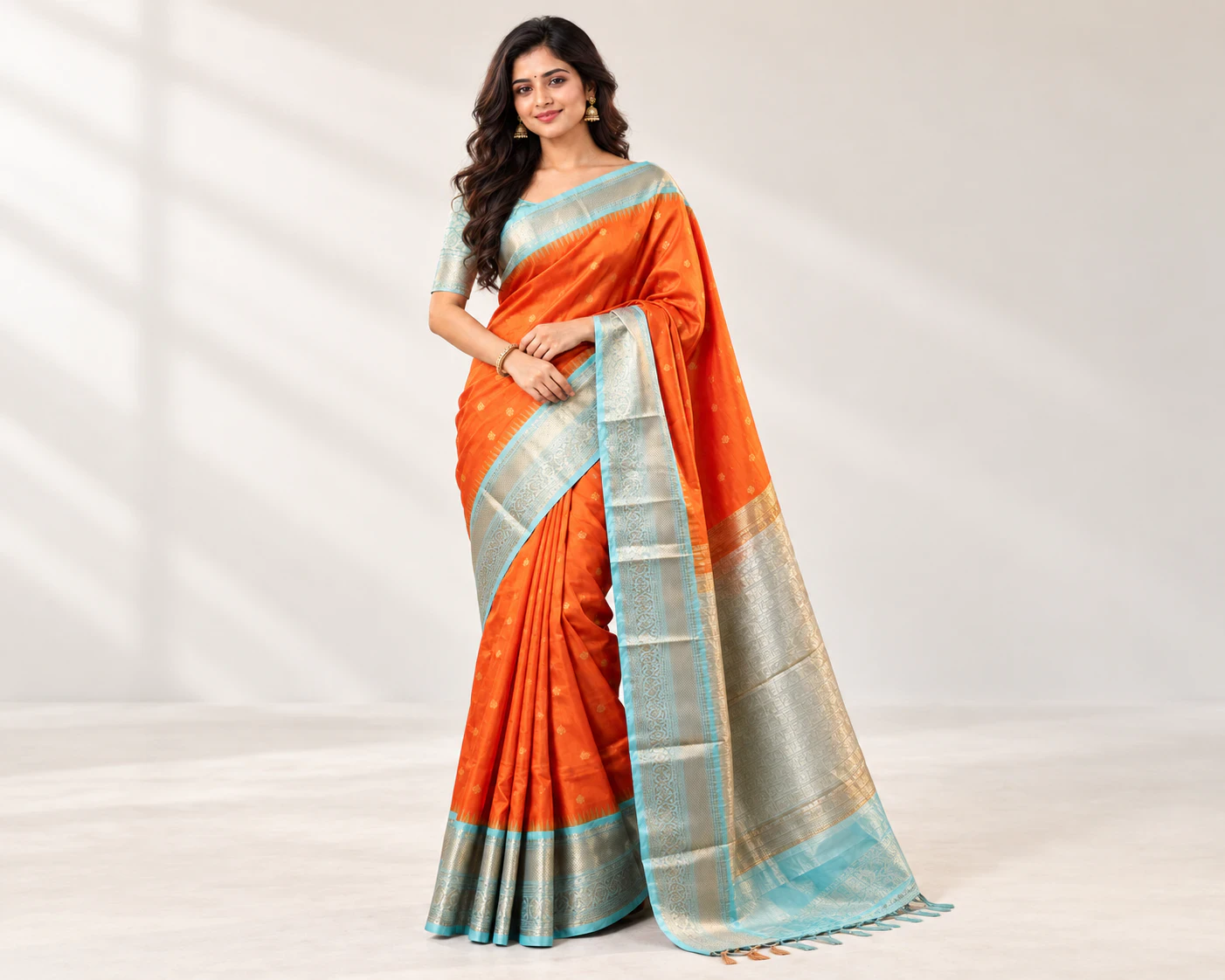Woman wearing purple soft silk saree