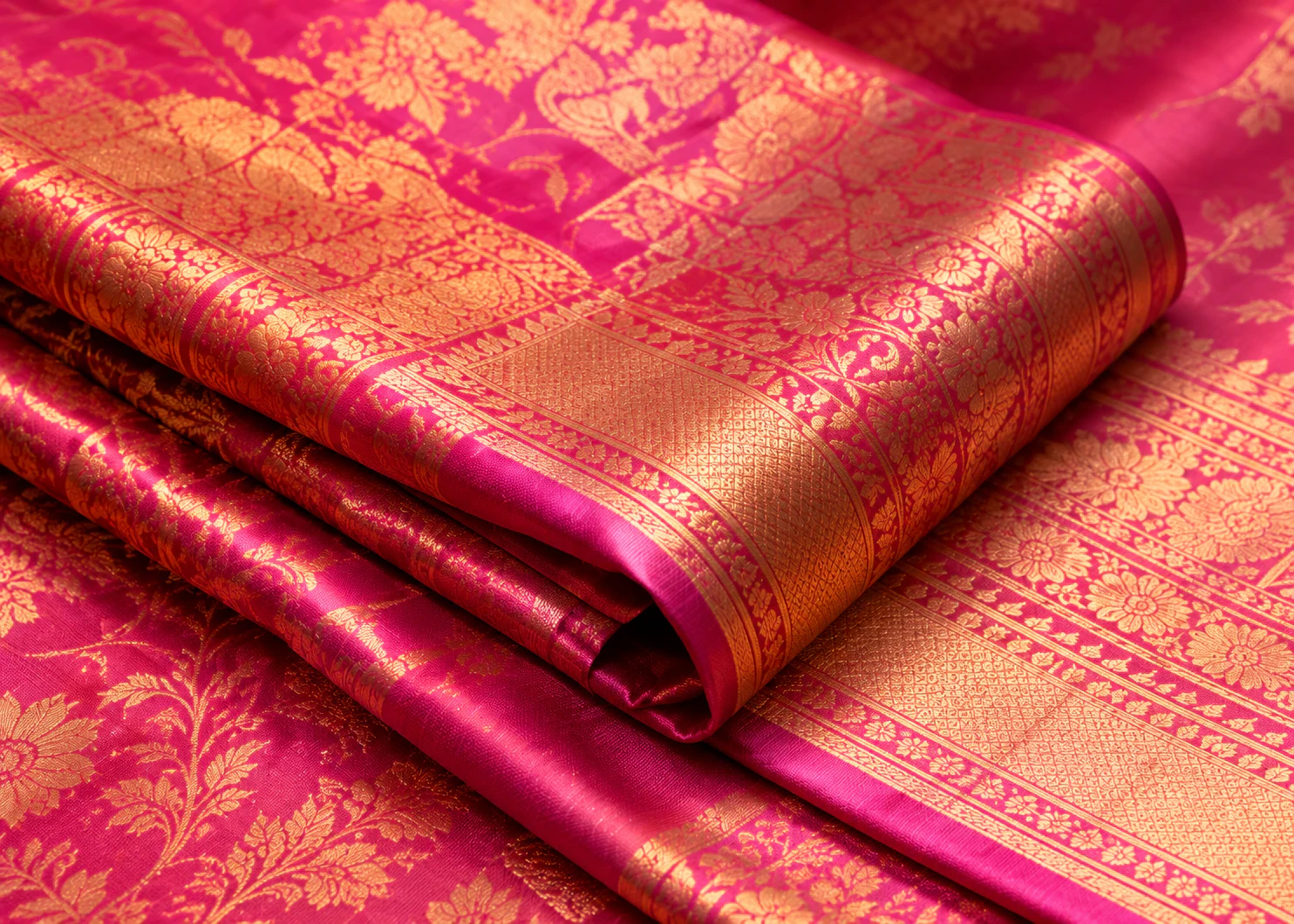 Folded pink soft silk saree