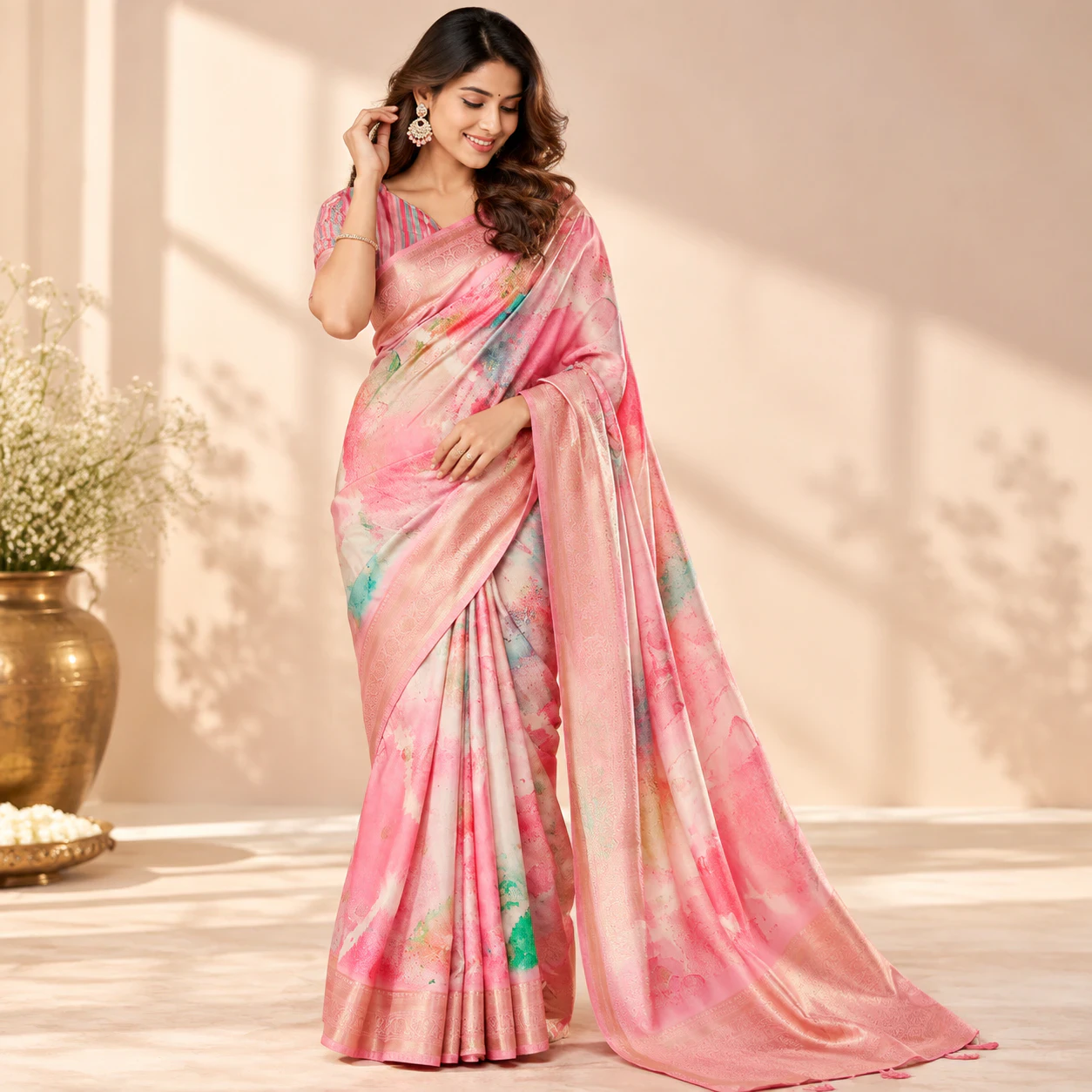 Woman wearing elegant pink soft silk saree